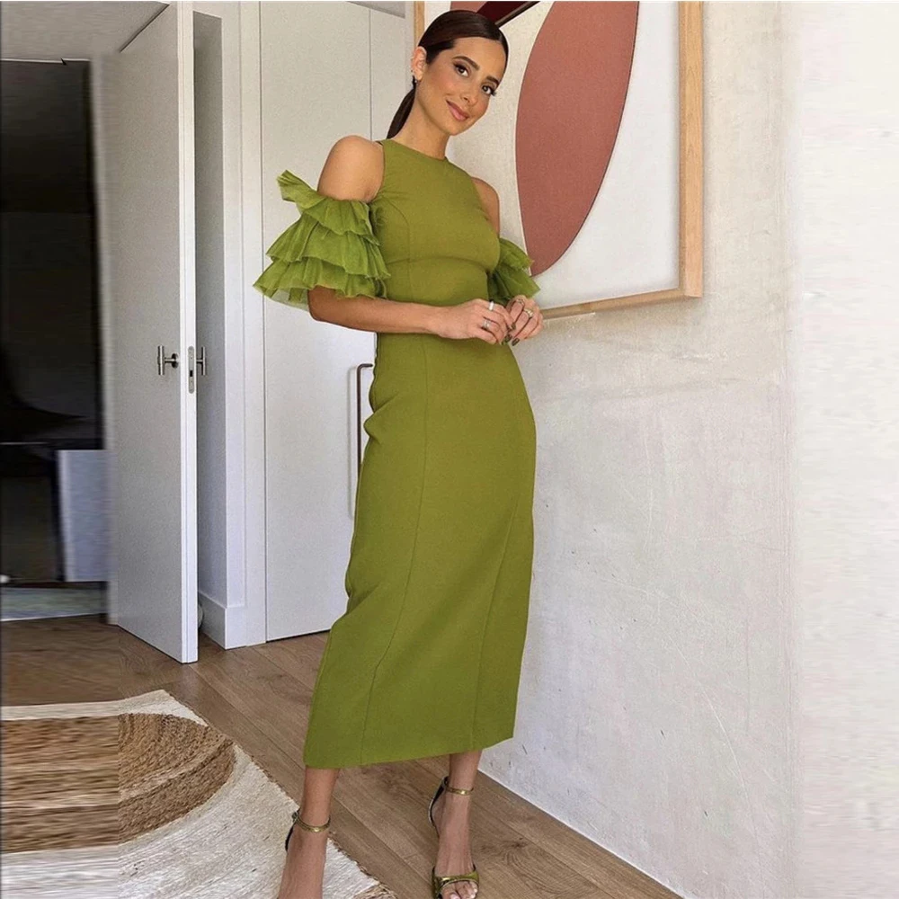 

Olive Green Sheath Women Formal Party Dresses Jewel O Neck Organza Ruffles Sleeves Midi Prom Dress Women Evening Gown