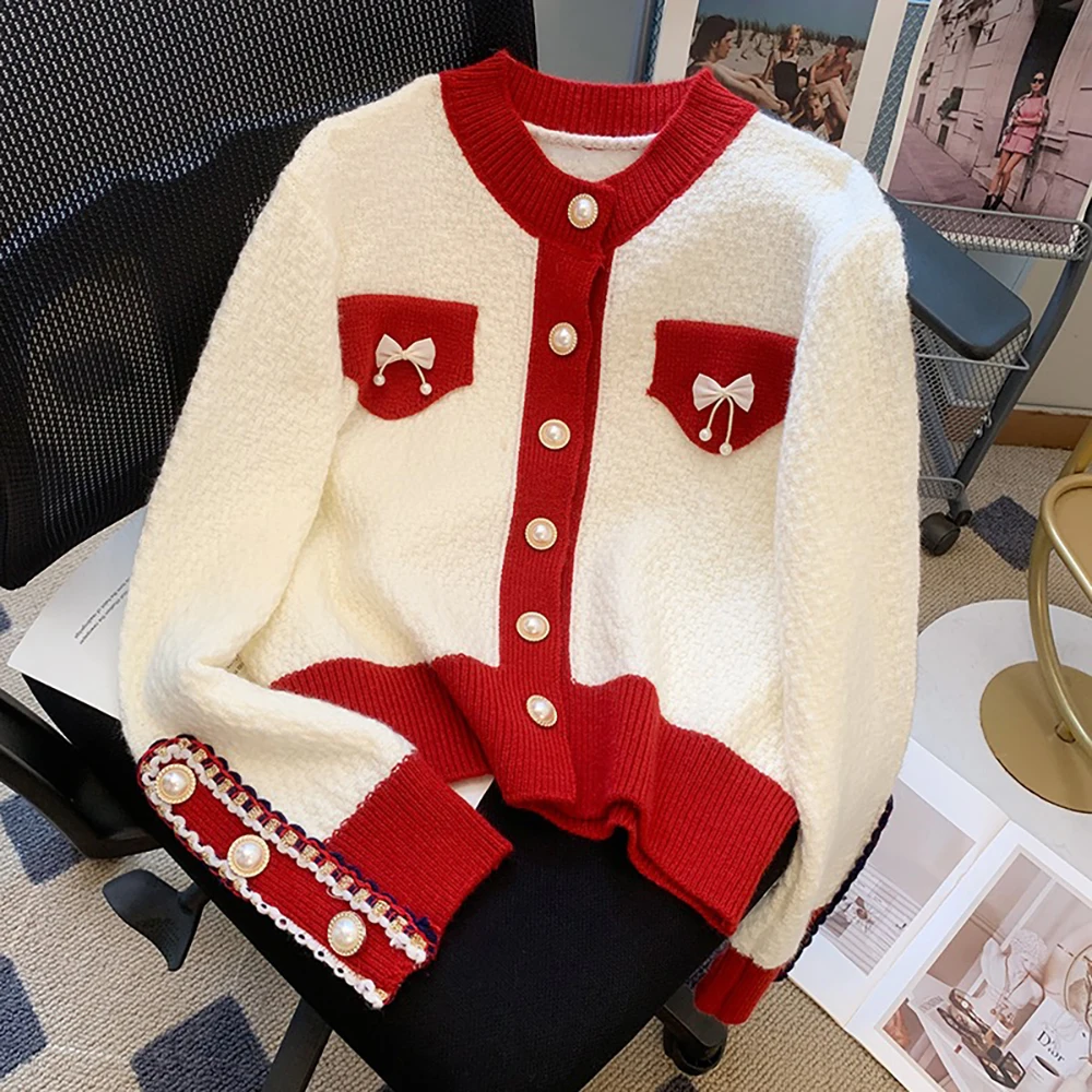 

Женский трикотажный кардиган с круглым вырезом и длинным рукавом