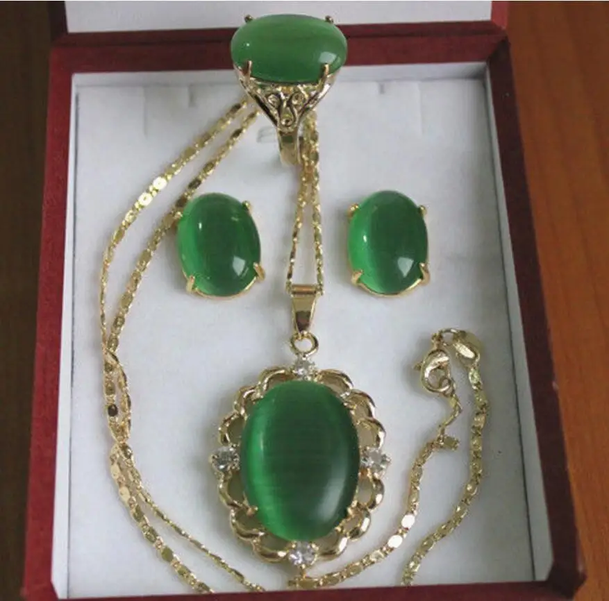 

Free Shipping elegant fine Inlay green jades Necklace Earring Ring set