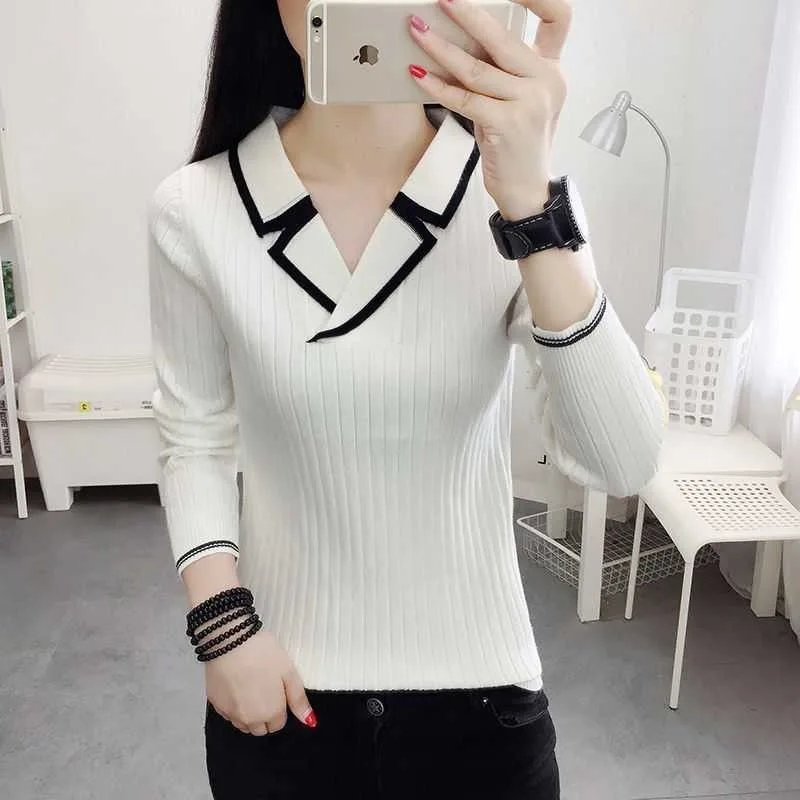 Suéter de punto estilo otoño-invierno para mujer, top informal con cuello en V, DF4922