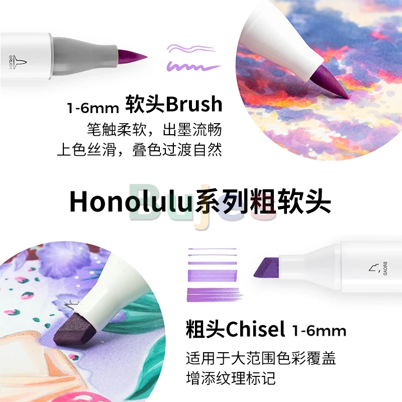 Ohuhu Pennarelli ad alcool a doppia estremità - Serie Honolulu, punta morbida e scalpello, disponibili in 24, 36, 48, o 72 colori, studenti perfetti - immagine 2