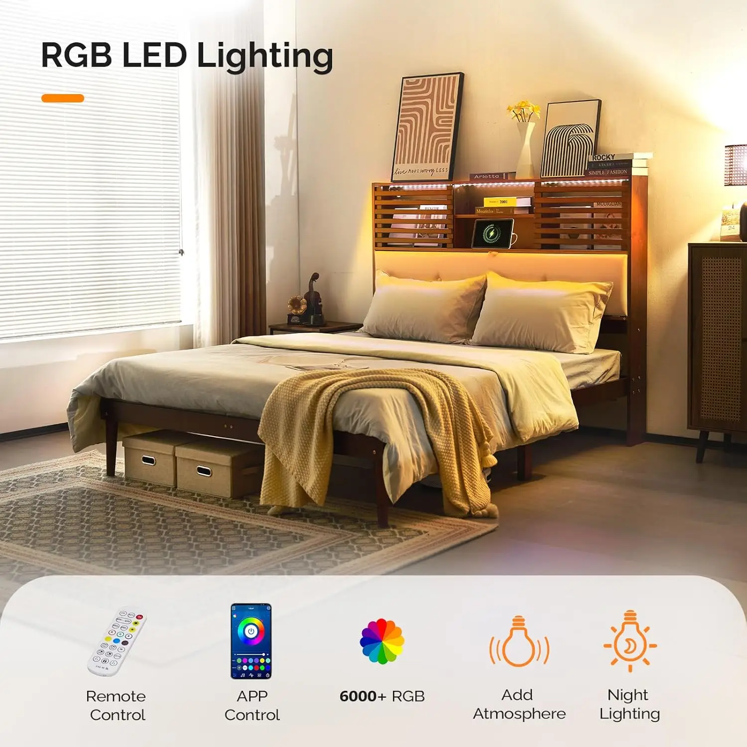 Queen Size Wooden Bed Frame with 52'' Extra LED Upholstered Bookcase Storage Headboard, Charging Station,No Box Spring Needed