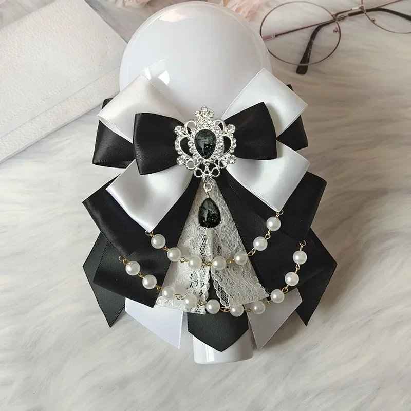 Retro Lolita Pearl Chain Crystal Bow-tie Handmade Jewelry Women's Set Shirt Collar Bow Carat Stick Hand Lamp Concert Accessories bow tie