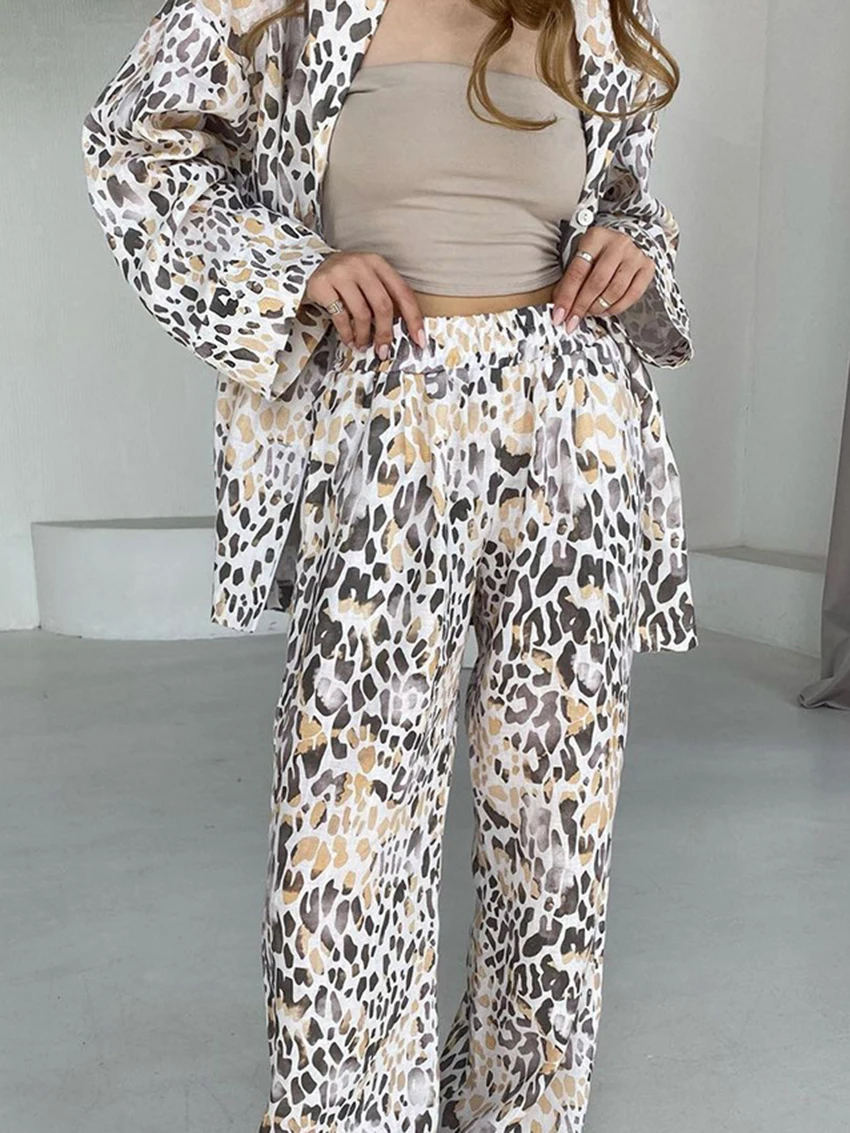 Marthaqiqi Casual Printing Female Pajama Set Sexy Turn-Down Collar Sleepwear Long Sleeve Nightgowns Pants Fashion Nightwear Suit