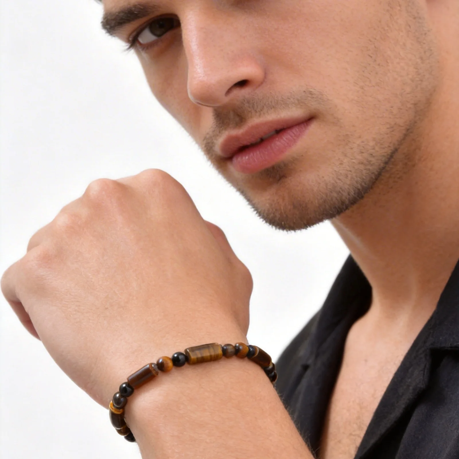 Böhmische Tigerauge-Perlenarmbänder für Männer, Edelstahlkette, Armband aus Naturstein, Herrenschmuck, Geschenk, neu – Detail 4