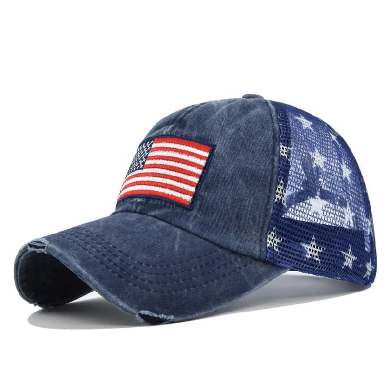 

Star Print American Flag Embroidered Mesh Baseball Cap Washed Sun Protection Snapback For Women Men Sports Hiking Golf Dad Hat