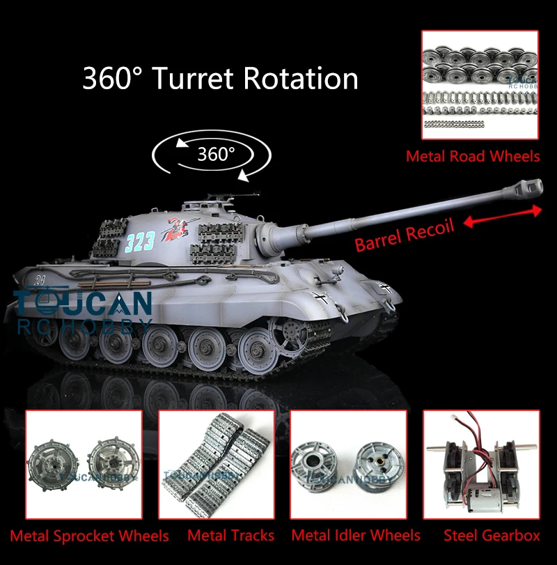 

1/16 HENG LONG RC Tank 7.0 Customized King Tiger Barrel Recoil 3888A Metal Wheels Remote Control Car Toys for Boys TH17543-SMT4