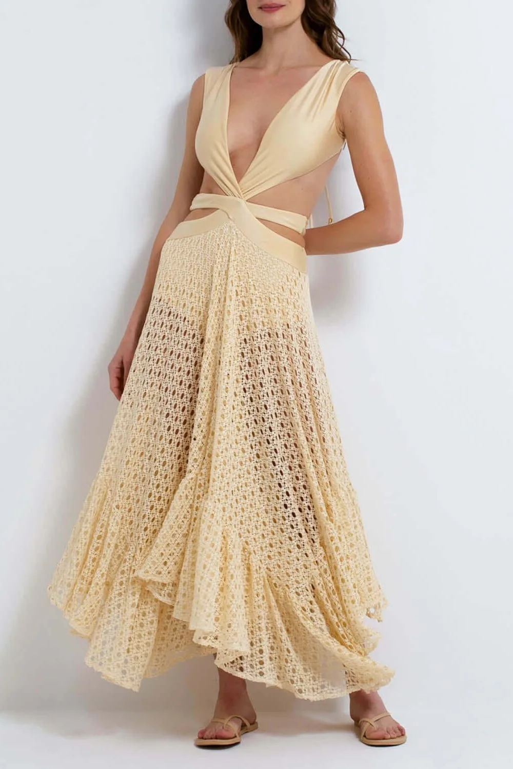 Deep V Neck Beach Outfits Irregular Mesh skirt For Women Luxury Open Back Swimwear Two Piece Swimsuit Set Sexy / New Kimono