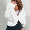 Womens Oversized Open Back Sweatshirts Long Sleeve Backless Shirts Cropped Off The Shoulder Crewneck Workout Tops 5