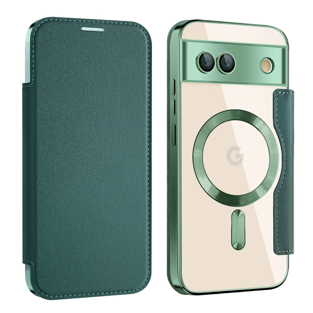 Luxury Leather Magnetic Wallet Card Clip Phone Case with Clear Cover and Wireless Charging Capability