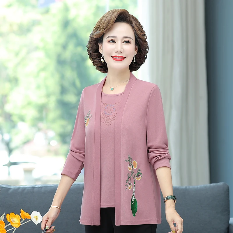 

2022 Spring Fall Two Pieces Middle Age Mother Clothes Embroidery Flower Pullover Fashion Casual Women Top