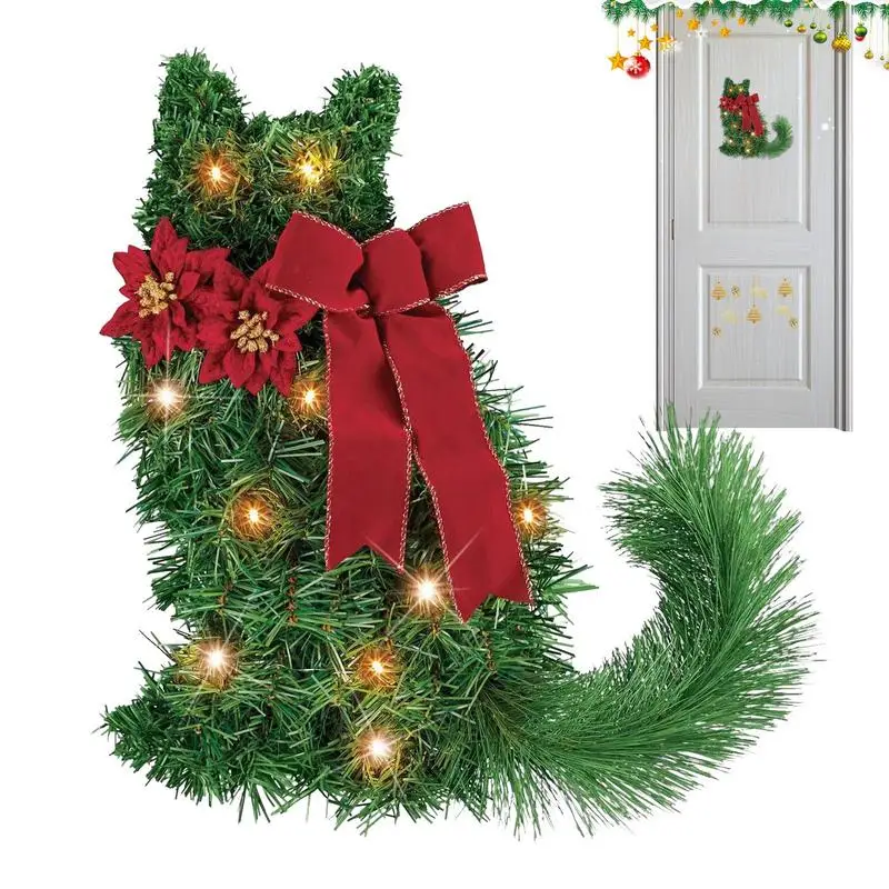 

Christmas Front Door Wreath Cat Shaped Artificial Pine Needles Holiday Wreath with Christmas Ball Ornaments and LED Light String