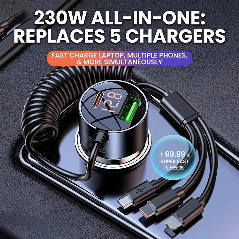 Fast Car Charger with Retractable Coiled Cable and LED Voltage Display