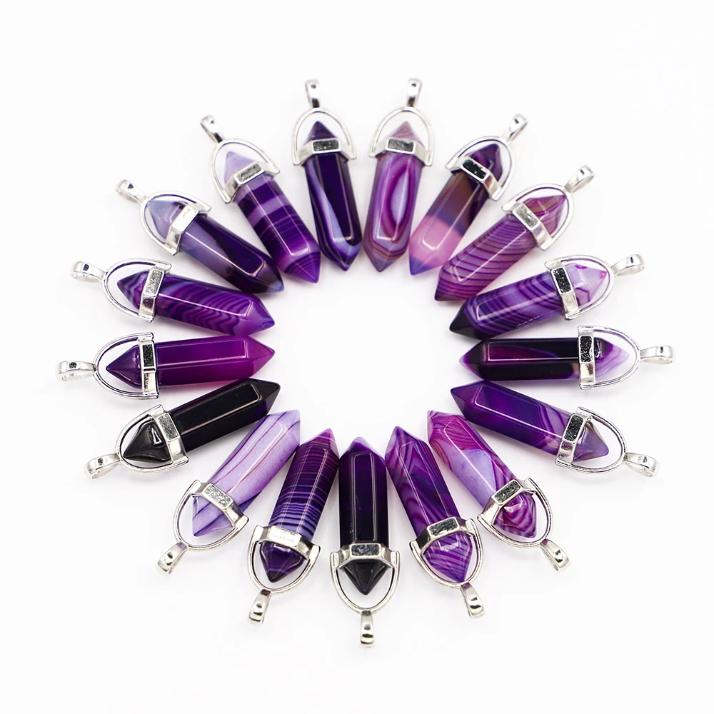 Hot Natural Gems Stone Onyx Purple Agate Pillar Point Pendenti Collana Per Fare Gioielli Con Ciondoli Di Design Spirituale Da Donna 24 Pezzi