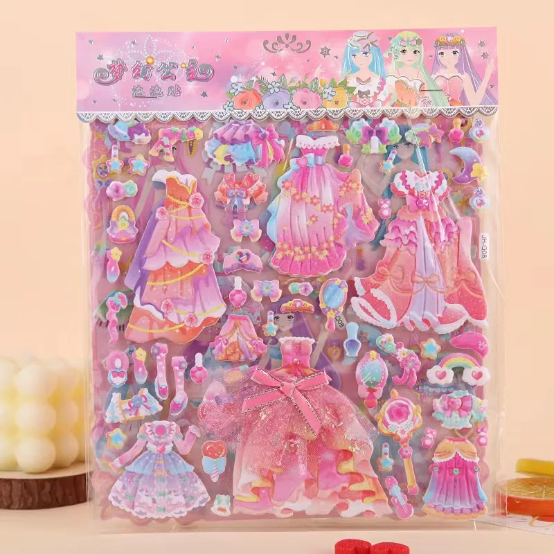 1Pcs Princess Dress Up Stickers Girls 3D Puffy Double Layers Kawaii