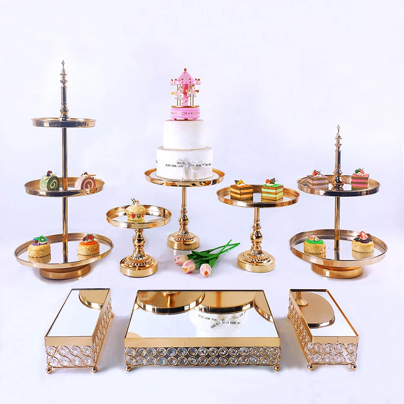 Gold Silver 7-10 Pcs Gold Crystal Metal Wedding Cake Stand Set Rack Holiday Party DisplayTray Cupcake Plate