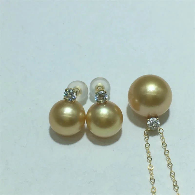 

Hot Sale Natural Gold Pearl Set for Women,Fine Jewelry 10-11mm Stud Earring and 11-12mm Pendant, Wedding Jewelly Sets