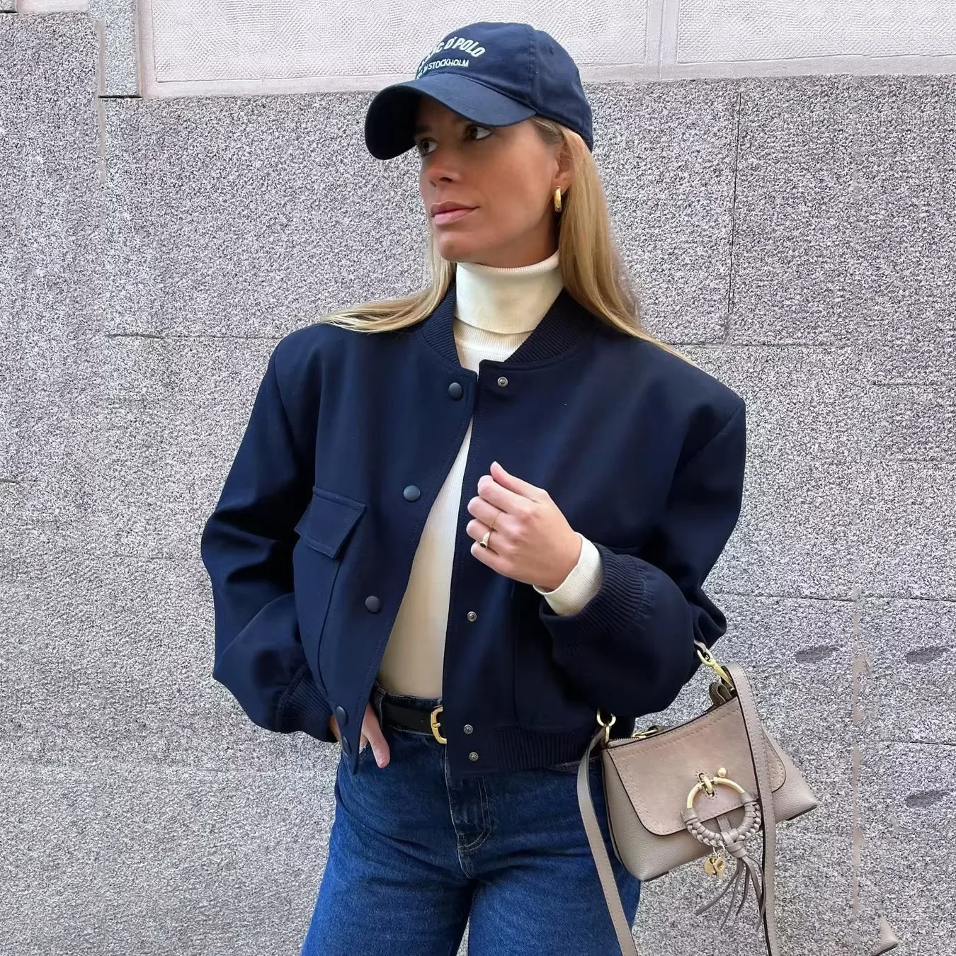

Fashion Woman Bomber Jacket Spring Autumn Female Vintage Coat Long Sleeve Front Button Female Basic Outerwear with Big Pockets