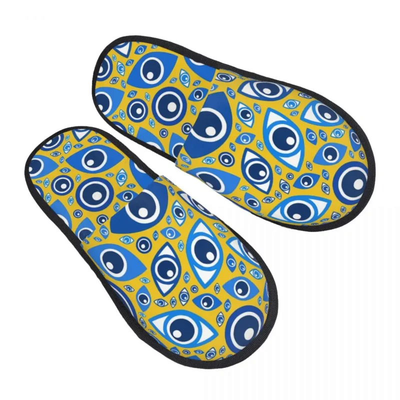 

Custom Greek Evil Eye Pattern Blues On Yellow Soft Memory Foam House Slippers Women Bohemian Cozy Warm Anti-skid Sole Slipper