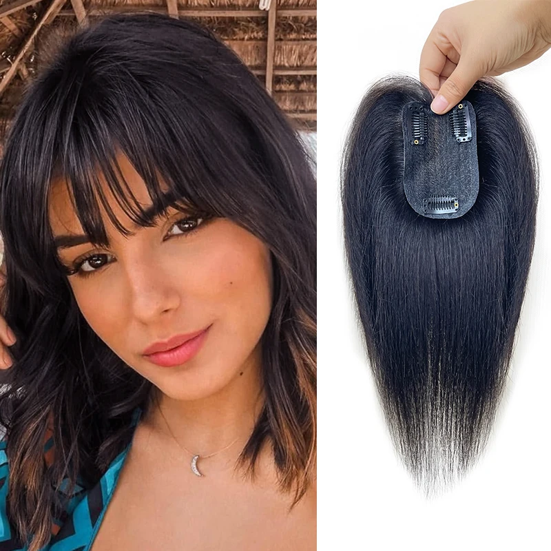 Human Hair Hairnet 7X10cm French Bangs Toupee 25cm Straight Clip in Hair Extension Improve Volume Topper Pieces