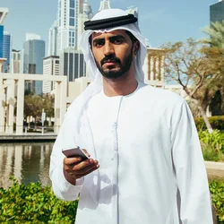 round Neck Men's Clothing Clothes for Worship Service Arab Dubai Oman Robe Headband Three-Piece Set Ethnic Style Hui People