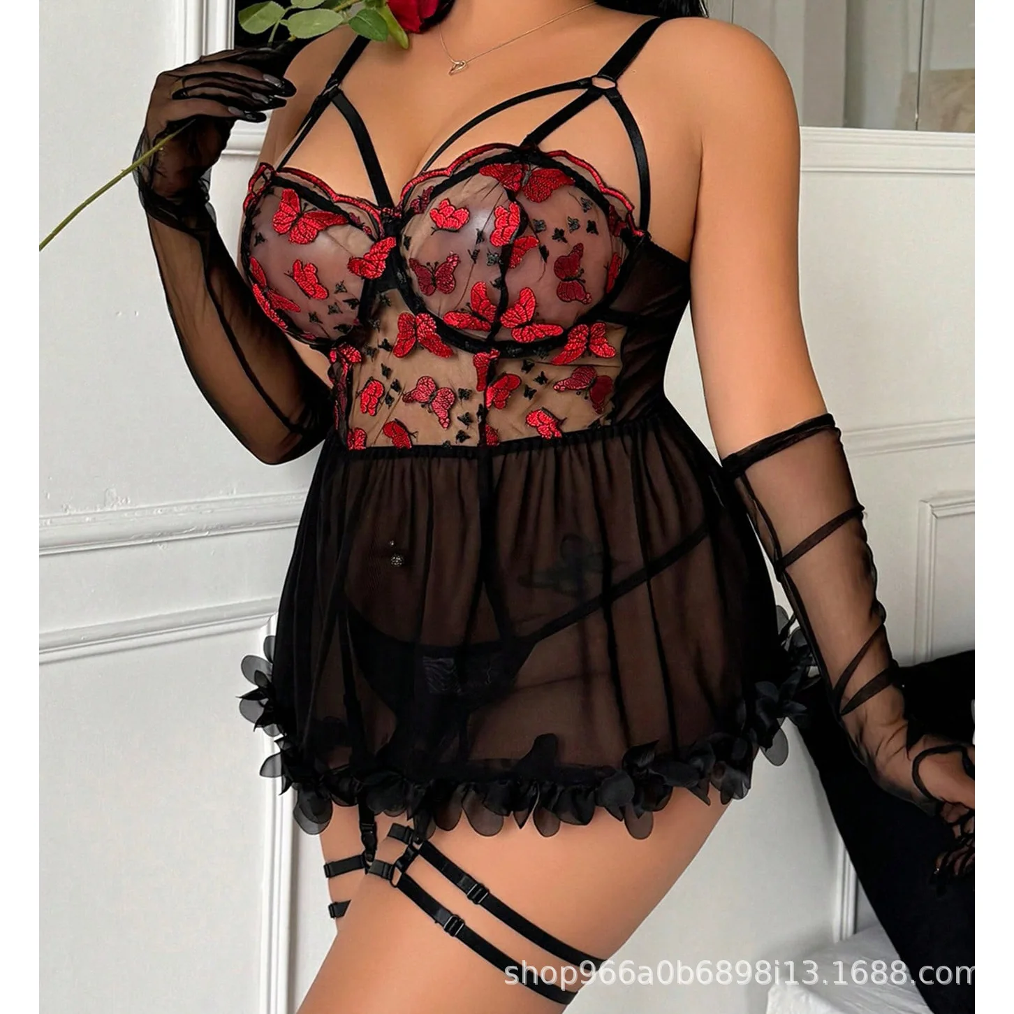 Butterfly Mesh Nightdress shown from another angle with spaghetti straps and flowing skirt