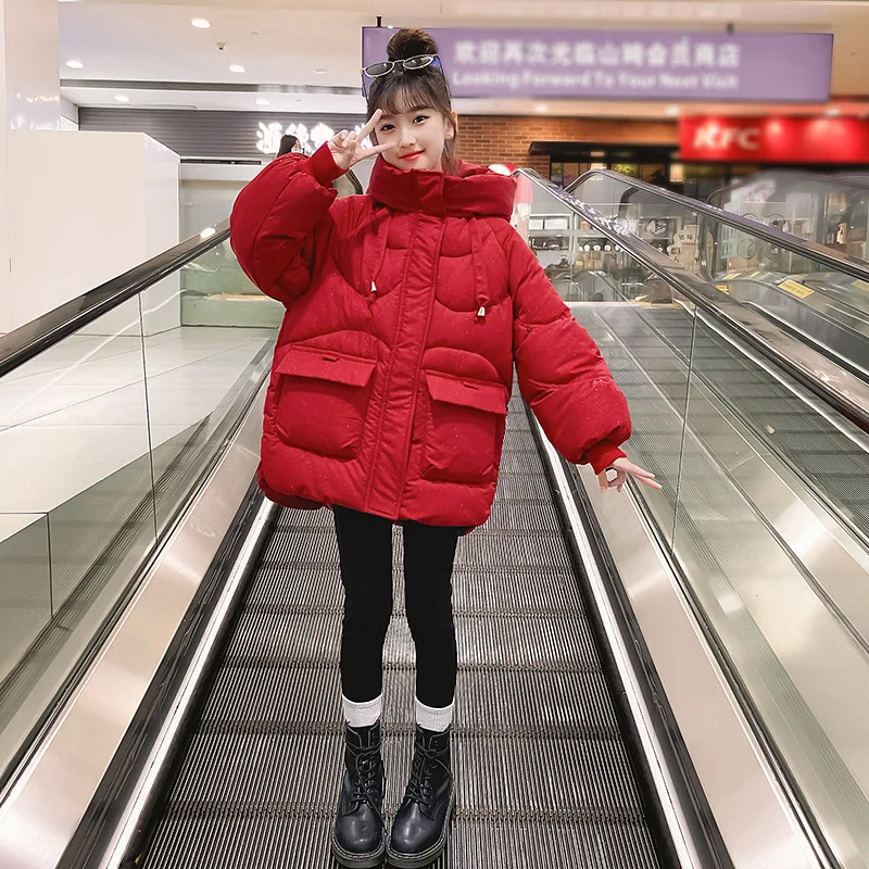 

2023 Korean Winter Children Girl Thicken Long Cotton Jacket Junior Girl hooded Warm Parka Top Elementary Girl Winter Clothes