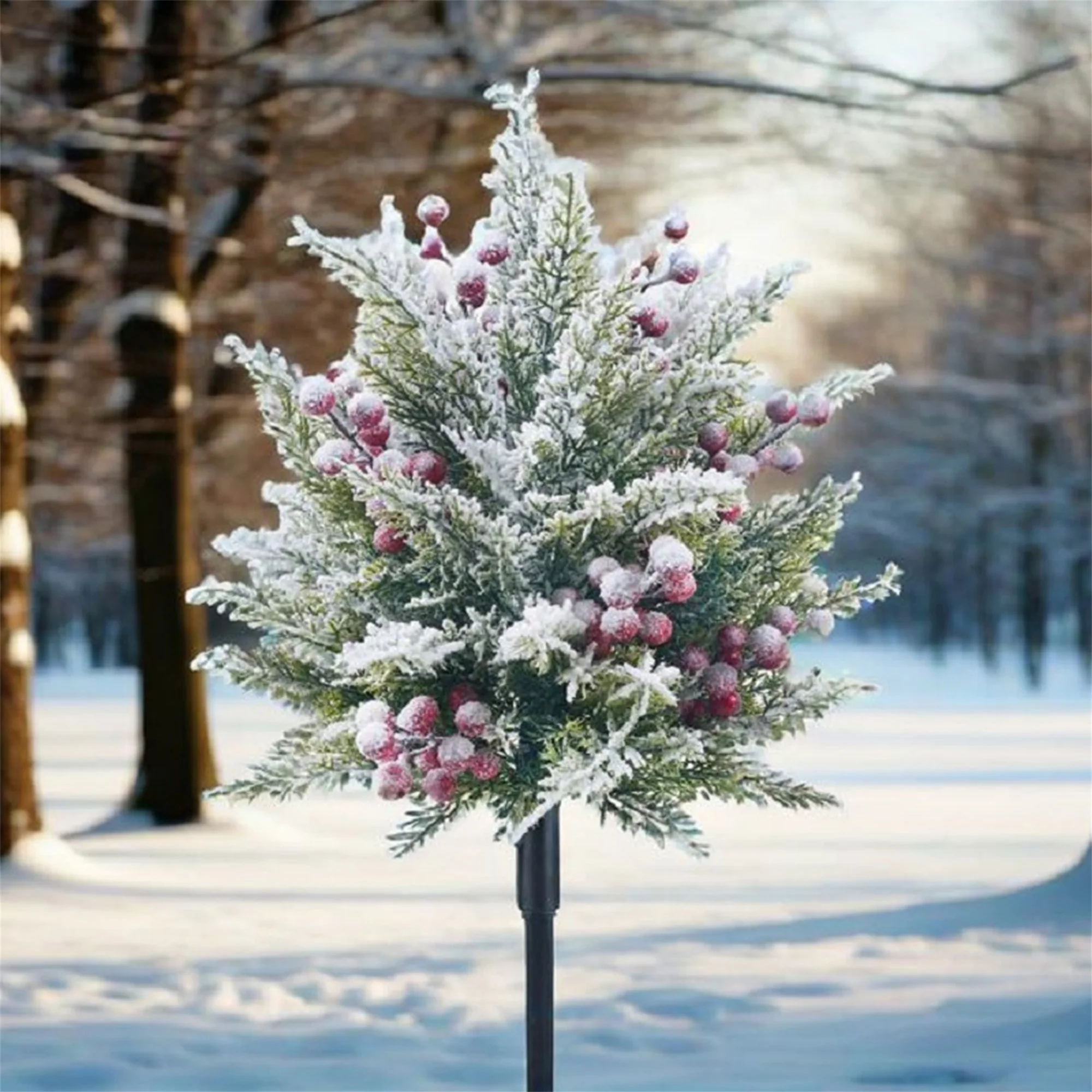 Snowy Artificial Pine Tree Topiary with Ground Spike for Winter Garden Decoration - Faux Greenery Plant for Christmas Festive