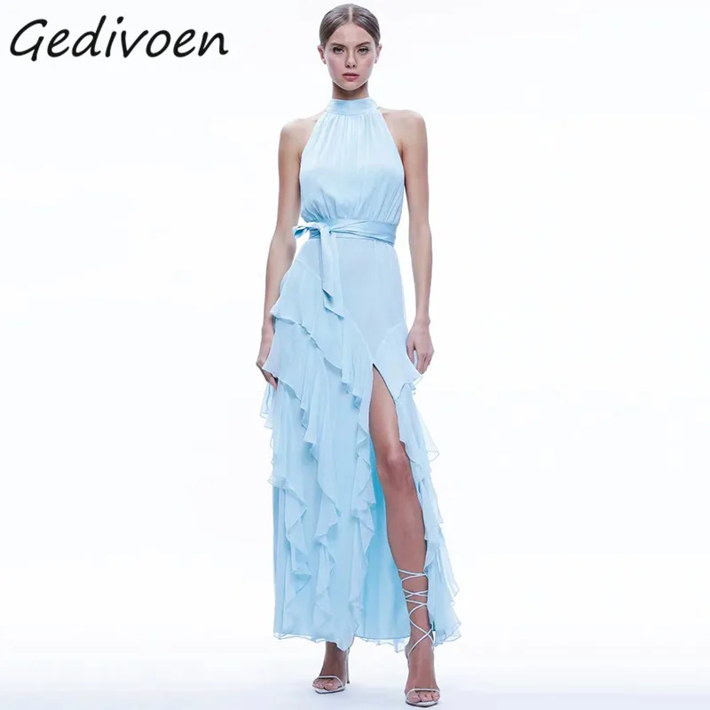 

Gedivoen Summer Fashion Designer Blue Elegant Dress Women's Stand Collar Off Shoulder Irregular Ruffles Sexy Split Long Dress