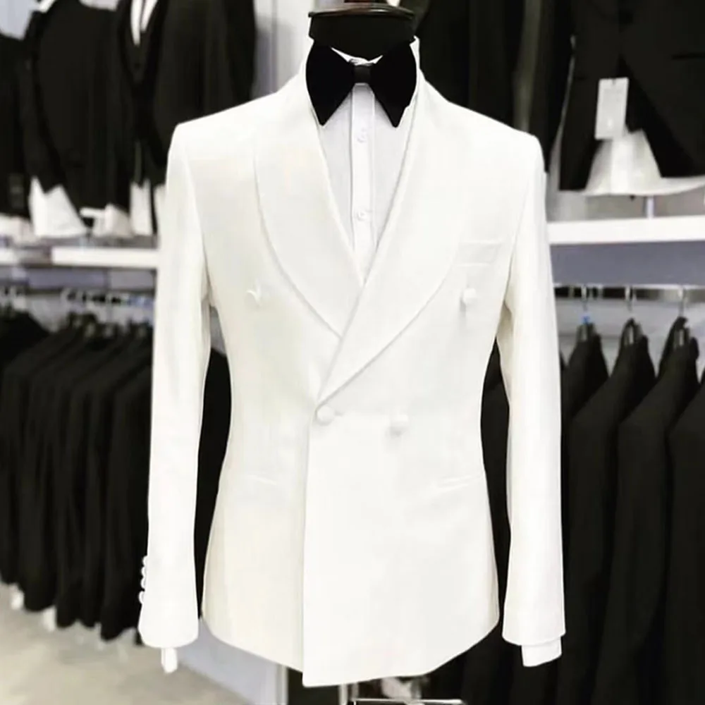 2023 New Fashion Men White Shawl Lapel Suits Business Casual Formal Costume Homme Double Breasted Slim Fit 2Pcs Set Jacket Pants 2