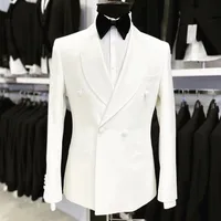 2023 New Fashion Men White Shawl Lapel Suits Business Casual Formal Costume Homme Double Breasted Slim Fit 2Pcs Set Jacket Pants 2