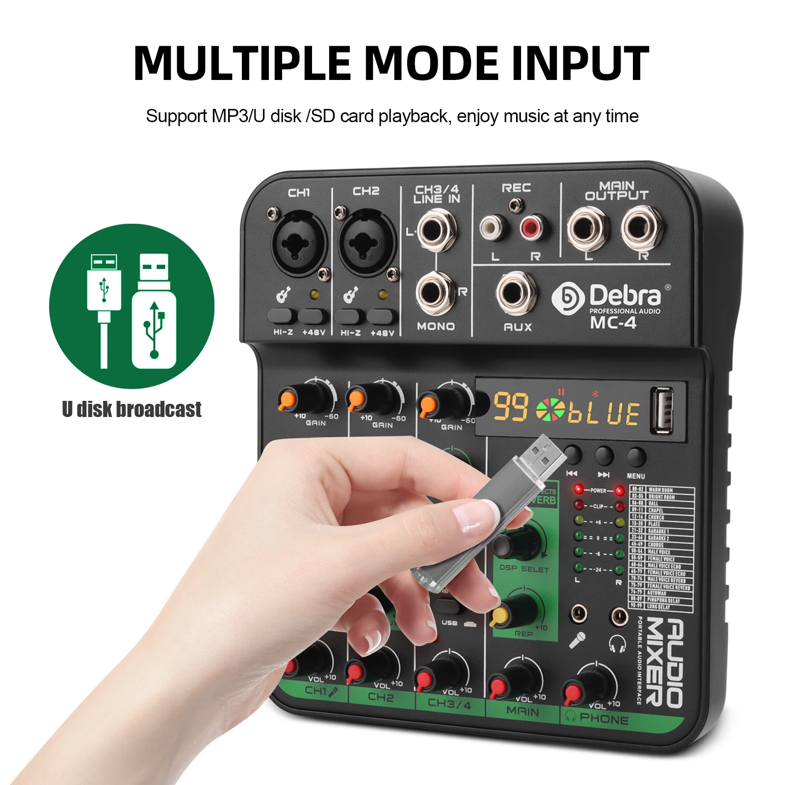 Debra MC-4 4 Channel Audio Mixer Bluetooth 5.0 99 DSP Reverb for Live Streaming