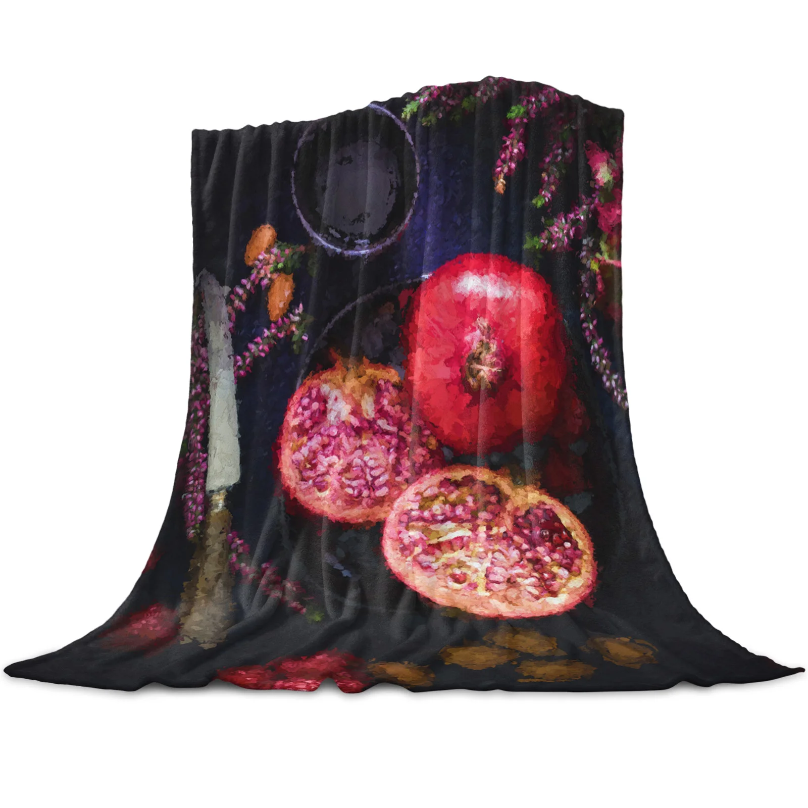 

Pomegranate Green Leaf Flannel Throw Blanket for Sofa Bed Couch Chair Decorate Soft Cozy Warm Kids Adults Gifts Summer Fruit Red