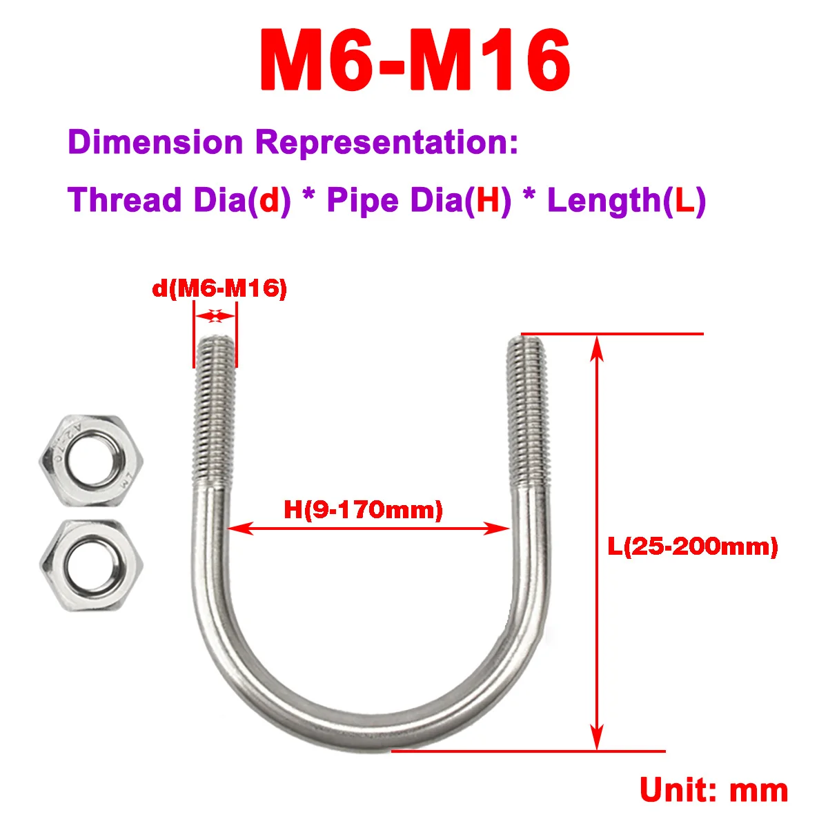 

304 Stainless Steel U-Screw / U-Bolt / U-Clamp / U-Pipe Clamp / Pipe Clamp Fixing Clip M6M8M10M12M16