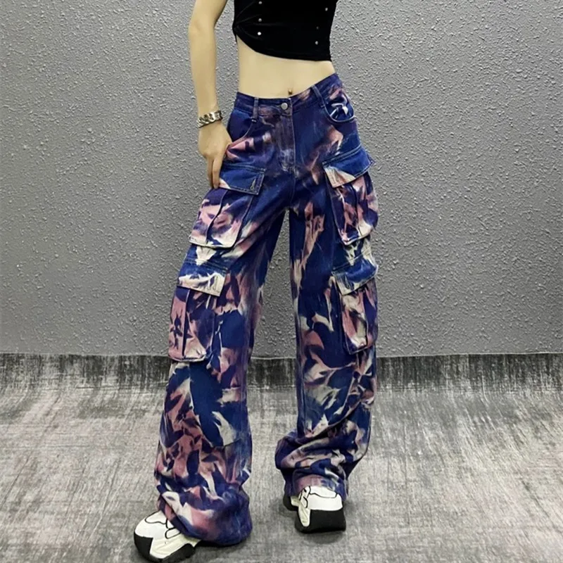 2024 Ropa Y2K Streetwear Tie Dye Multi Pockets Baggy Jeans