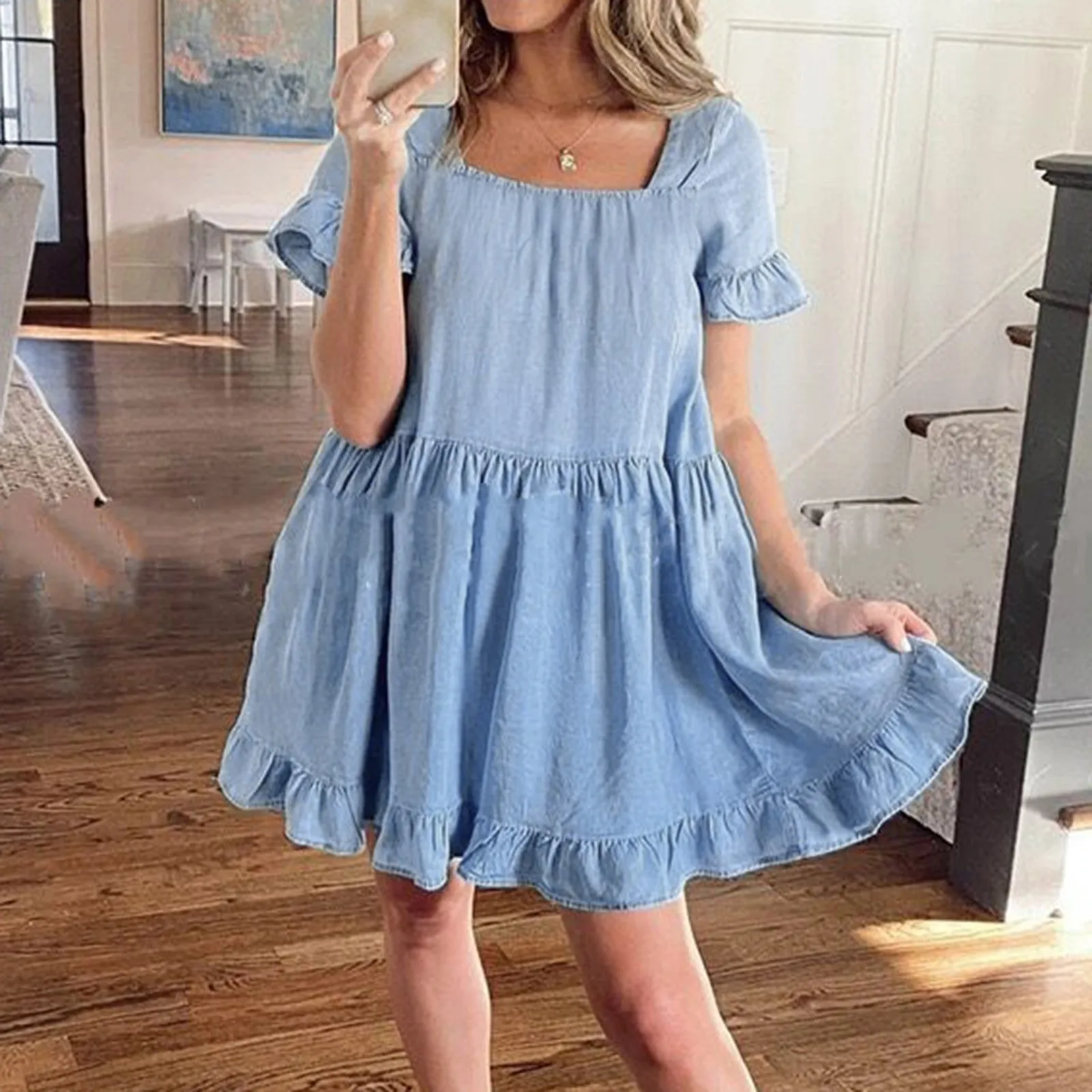 

Women Elegant Denim Dress Square Neck Solid Color Short Puff Sleeve Ruffle Hem Loose Holiday Dress Female Vestidos Mini Dresses