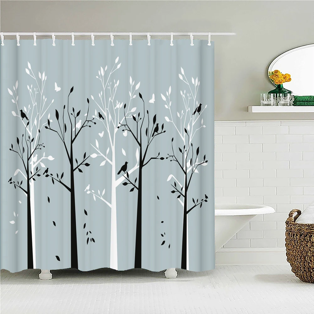 

Водонепроницаемая занавеска для душа с крючками, занавеска с принтом дерева, березы, птиц, для ванной комнаты, Полиэстеровая ткань для домашнего декора ванной комнаты