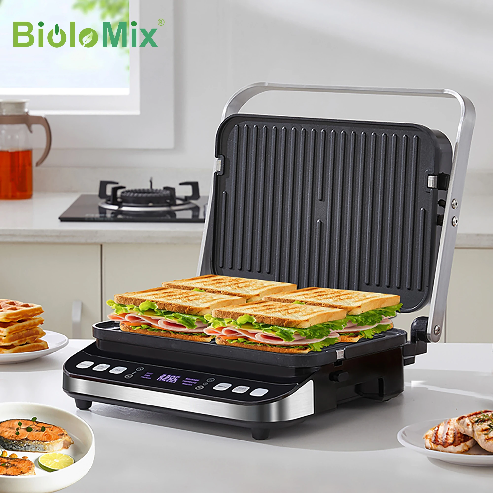 BioloMix-2000W 6 인 1 전기 그릴, 바베큐, 디지털 철판, 샌드위치 및 ..
