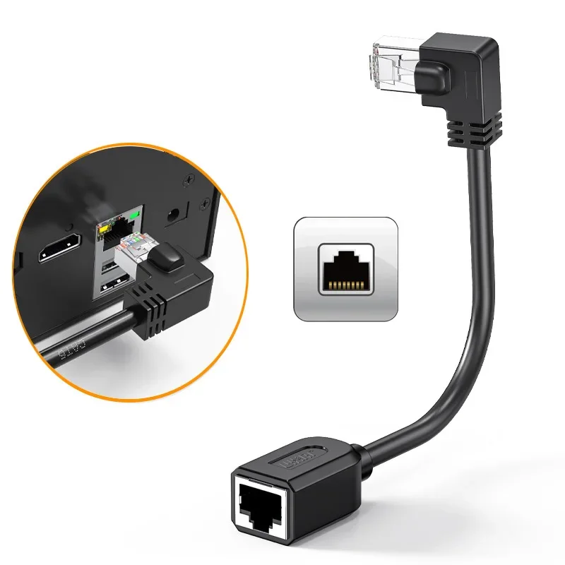 90-Degree Elbow CAT6 RJ45 Gigabit Network Extension Cable – Male to Female Shielded Extender