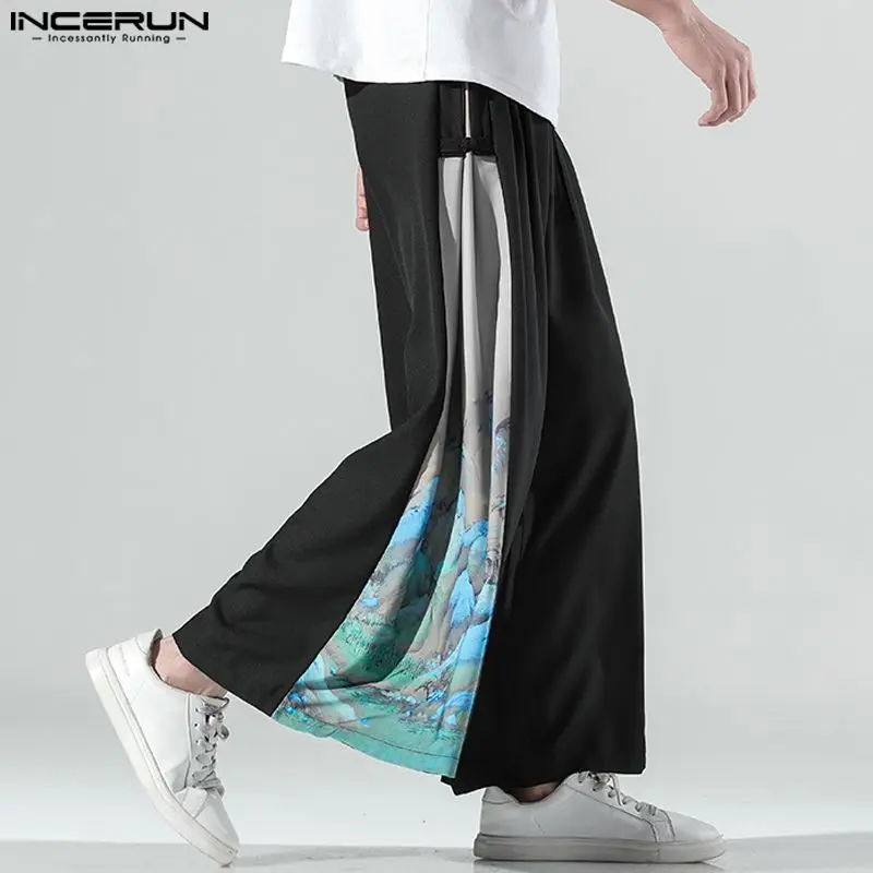 INCERUN 2023 Chinese Style New Men's Pants Retro Stitching Wash Painting Pattern Trousers Casual Street Wide Leg Pantalons S-5XL