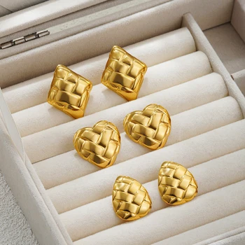 Vintage Glossy Golden Color Geometric Heart Pear Shaped Weave Stainless Steel Earrings for Women Statement Jewelry Party Gifts