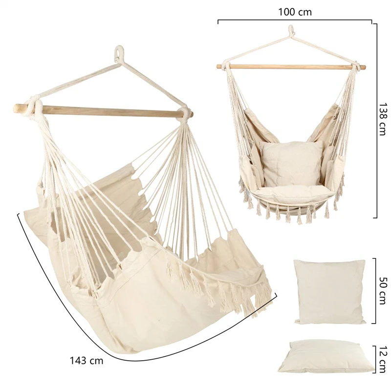 Hammock Swing Chair Hammock Chair Hanging Rope Swing Max 500 Lbs 2 Cushions Included Large Macrame Hanging Chair with Pocket for Superior Comfort