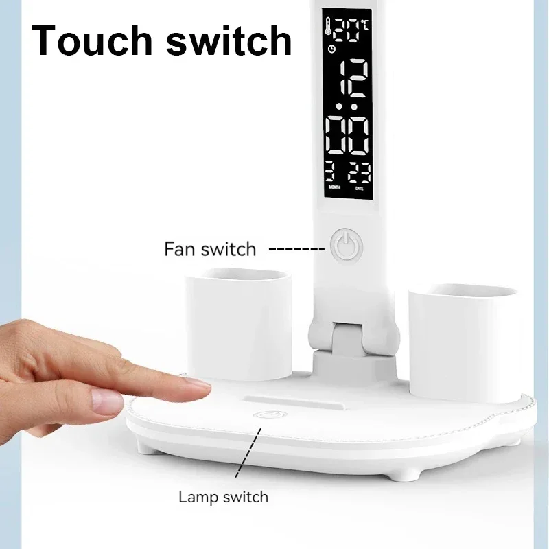 Led Eye Protection Desk Lamp Time Temperature Display Desk Lamp Folding 4-head with Fan for Learning Student Dormitory Reading
