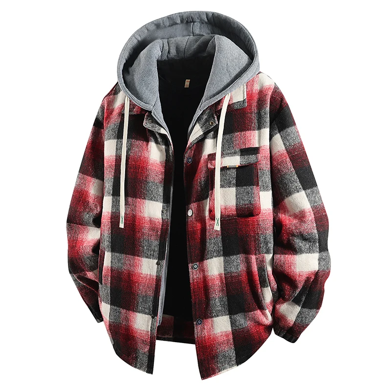 Plus Size 8xl 7xl Men's Shirt Jacket Fake 2pcs High Quality Cotton Plaid Loose Hooded Coats Shirts Jackets Mens Clothing 3