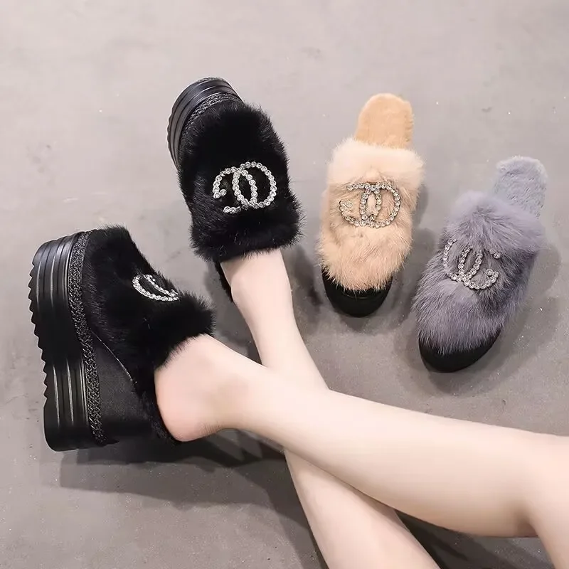 Inside Increase Thick Bottom Muffin Fluffy Half Slippers Female Autumn Winter Outside Wear Wedge High Heel Slippers 13cm Zapatos