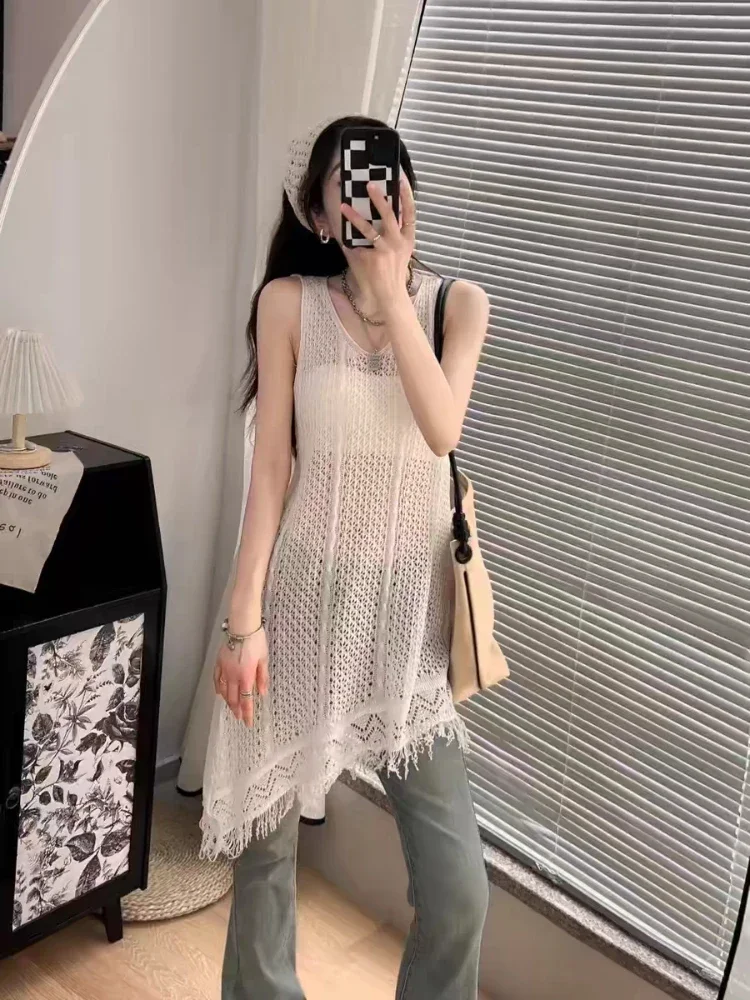Fall New Fashion Fringed Hollow V-neck Knitted Vest Blouse Women's Loose Hollow Medium and Long Sleeveless Top