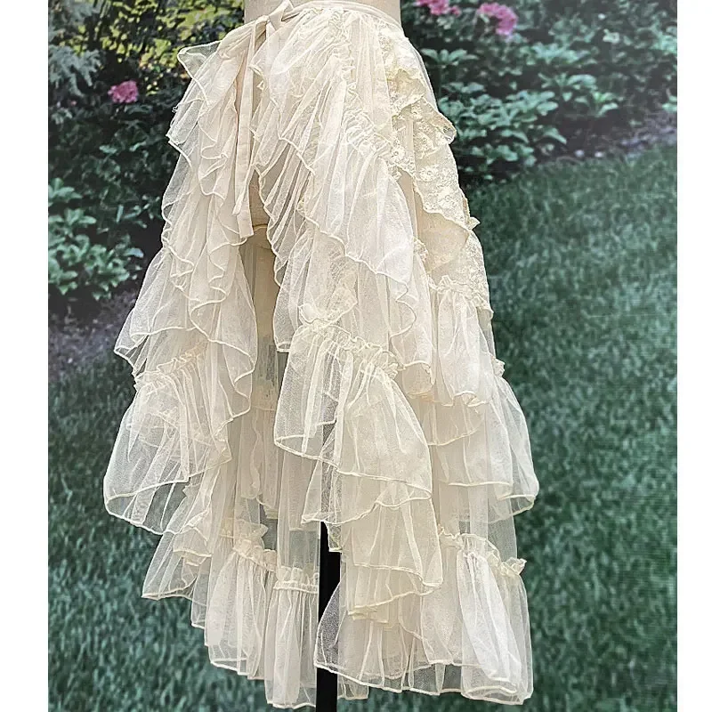 Double Layered Lolita Waist Curtain Sheer Cover Up High Low Skirt w. Asymmetrical Ruffles 4