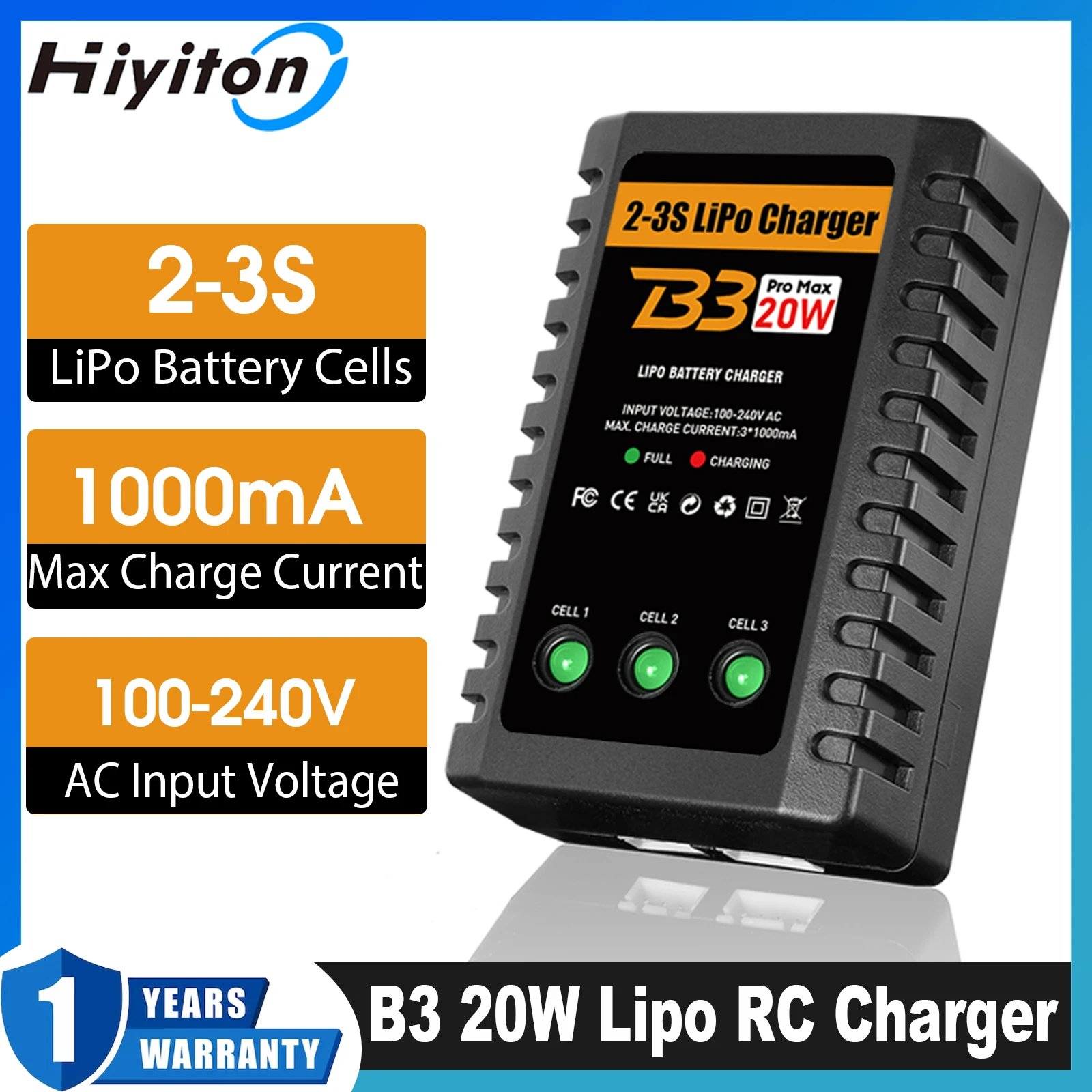 Chargeur multiport LiPo 2S/3S USB-C 12W avec six ports de charge et voyants LED