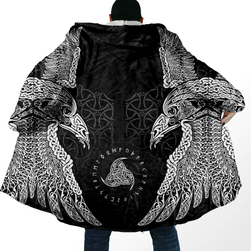 

Raven Odin Tattoo 3D Printed Overcoat Hooded Blanket Coat Cape Robe Fleece Velvet Loose US Size Men Jacket Cloak