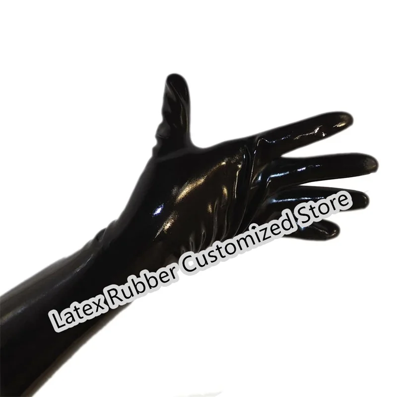 Sexy Fetish Latex Rubber Gloves Wrist Seamless Moulded Shoulder Length Black and Red Long for Men Women with Catsuit Hood